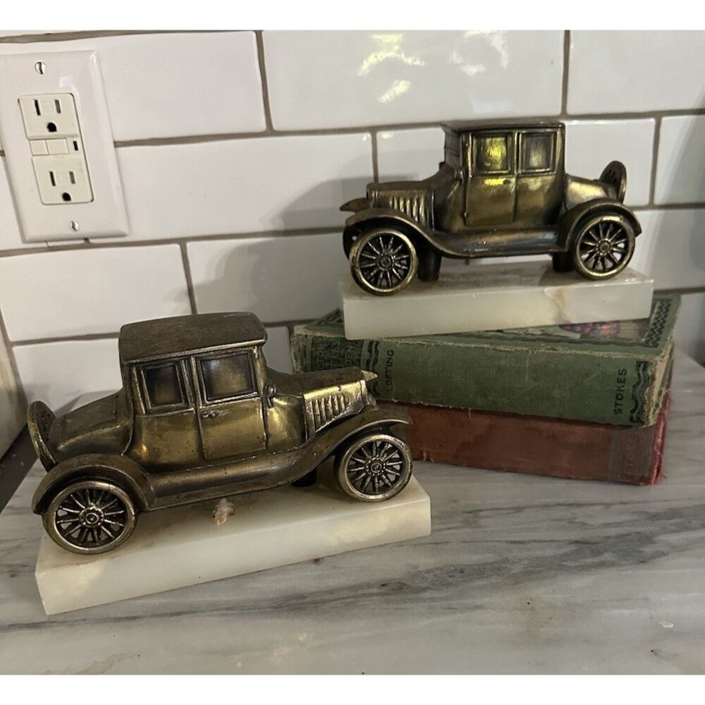 Vintage Cast Metal Brass Antique Model T Automobile Bookends Pair Onyx Base